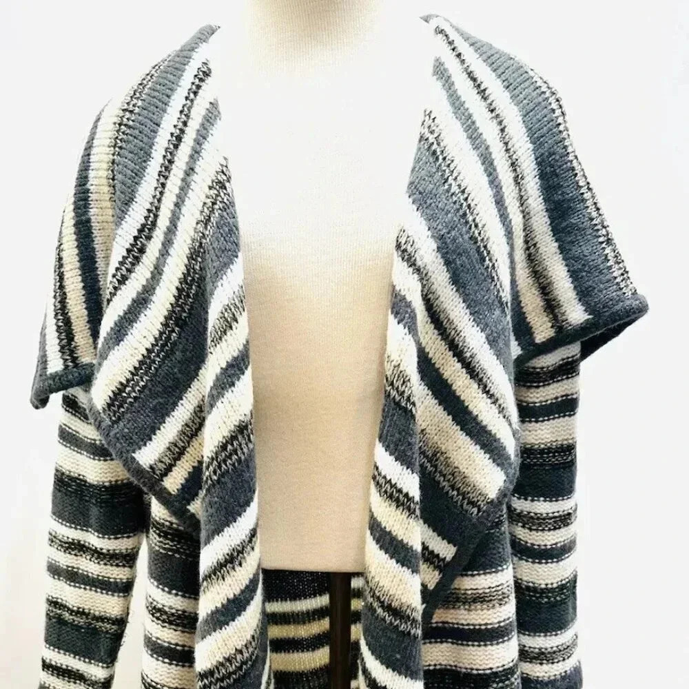 KENSIE Women Long Sleeve Open Front Long Gray Striped Cardigan Sweater Sz XS/S